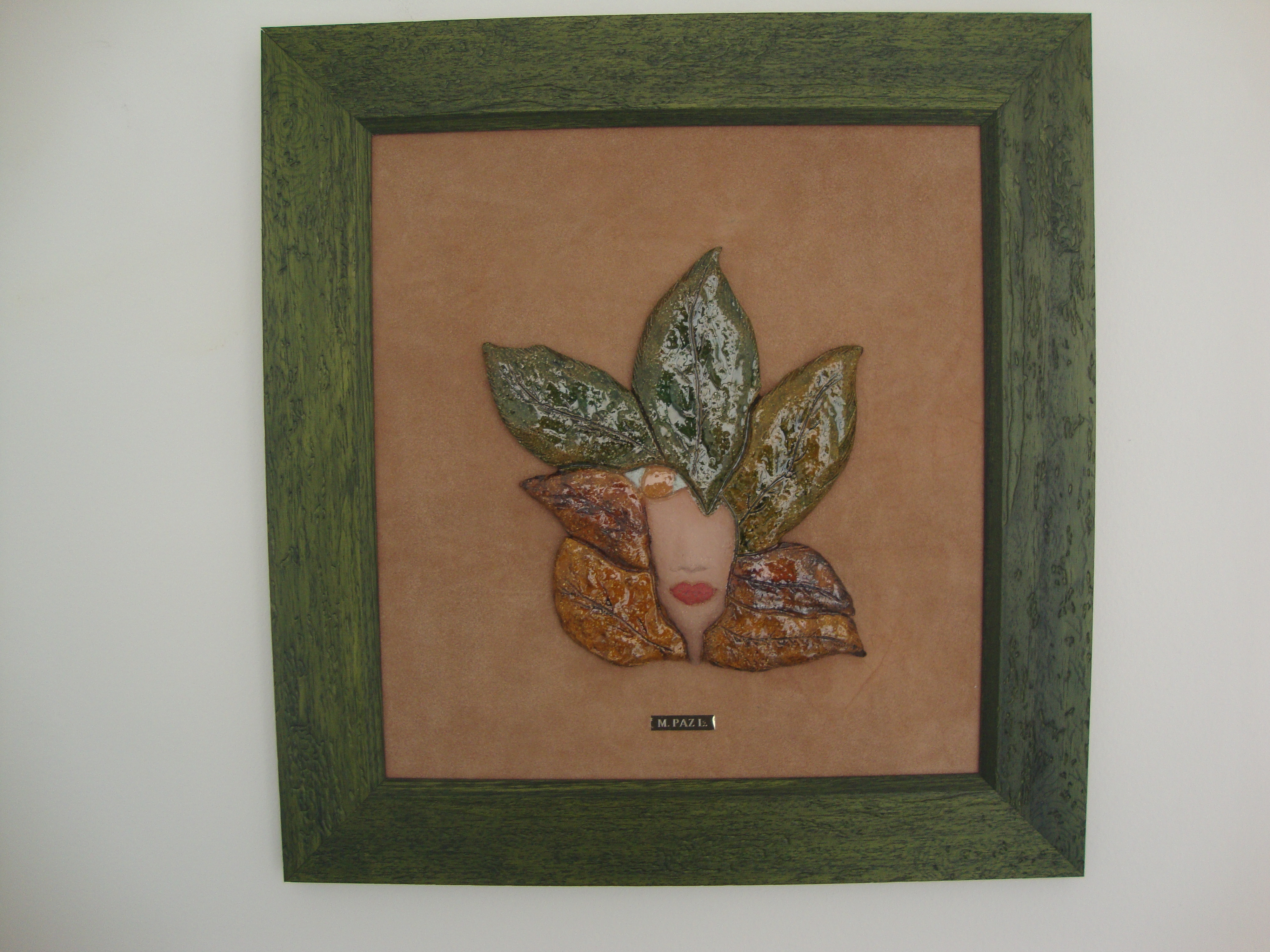 Ceramic painting, face framed fabric
