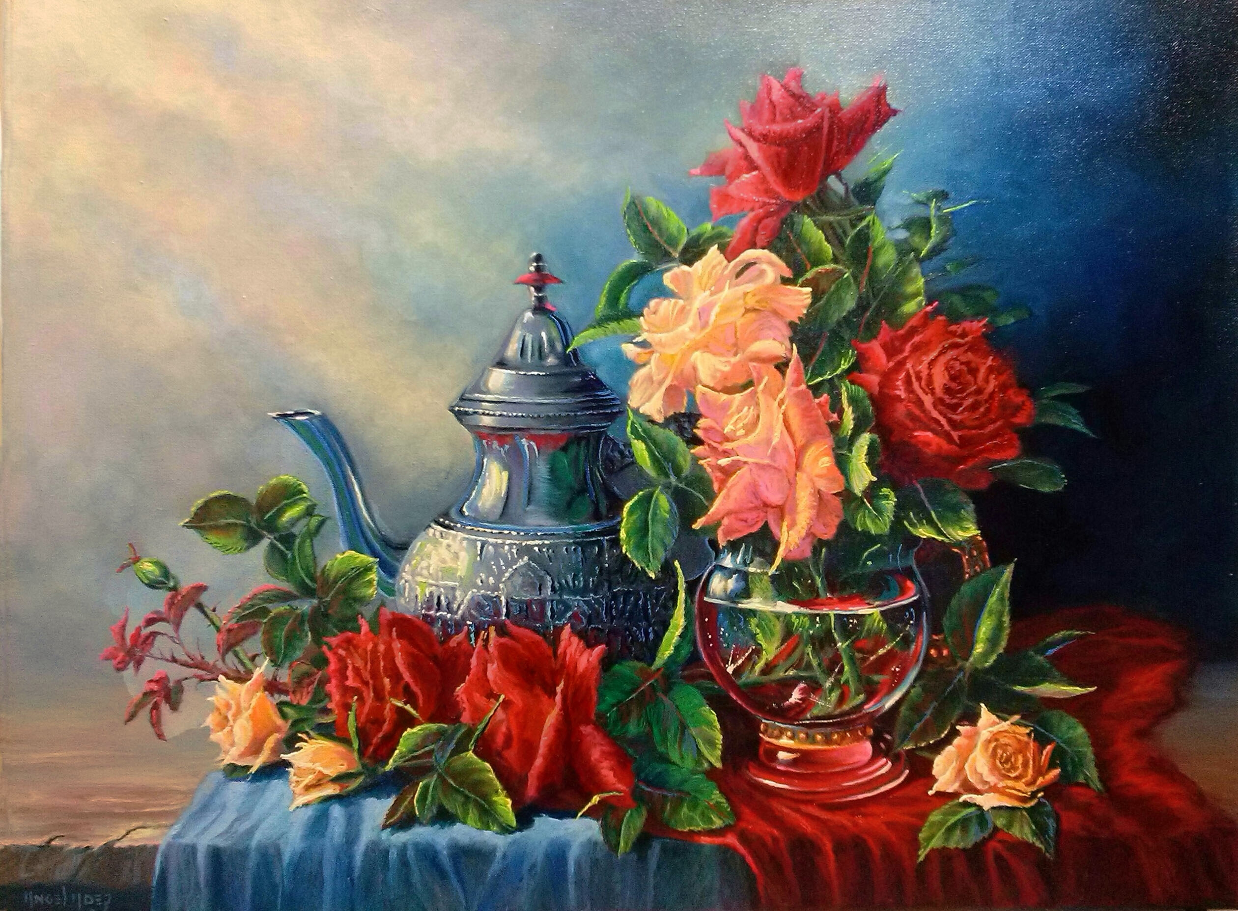 STILL LIFE WITH TEAPOT AND FLOWERS Moruna
