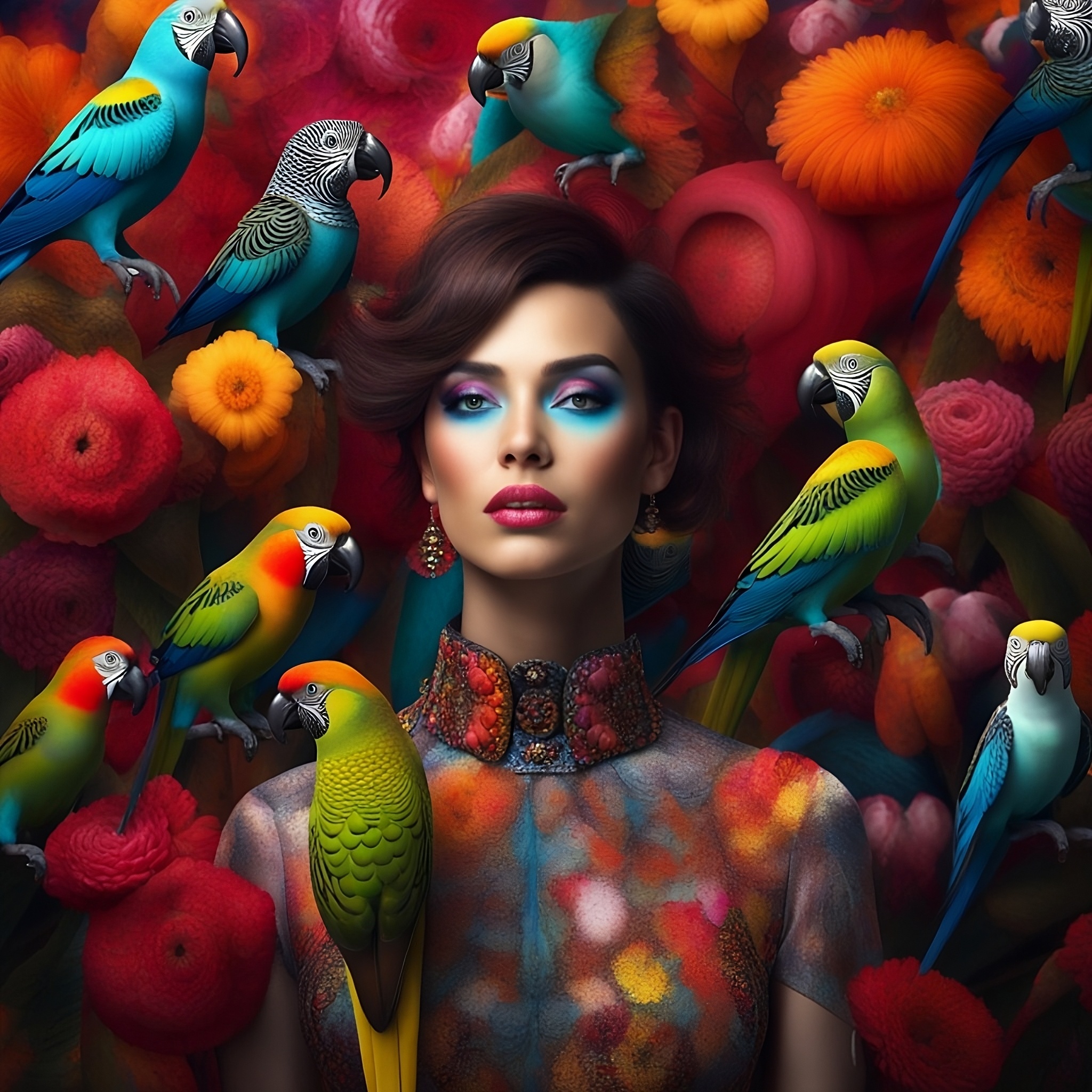 Retrato generativo de IA de un adorable personaje de dibujos animados de fantasía de mujer en un fondo de pintura vibrante rodeada de pájaros