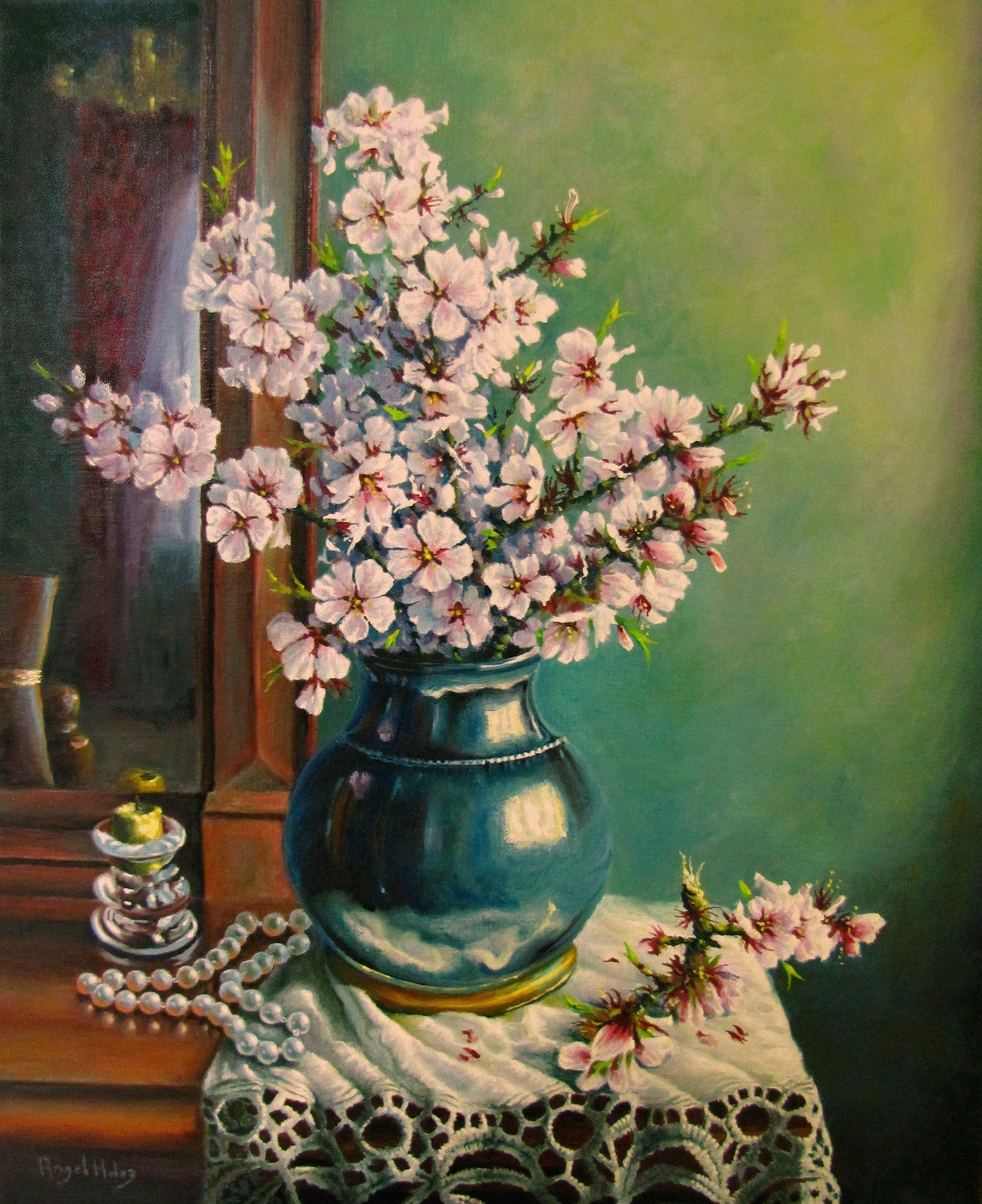 ALMOND WITH FLOWERS STILL LIFE AND PEARLS