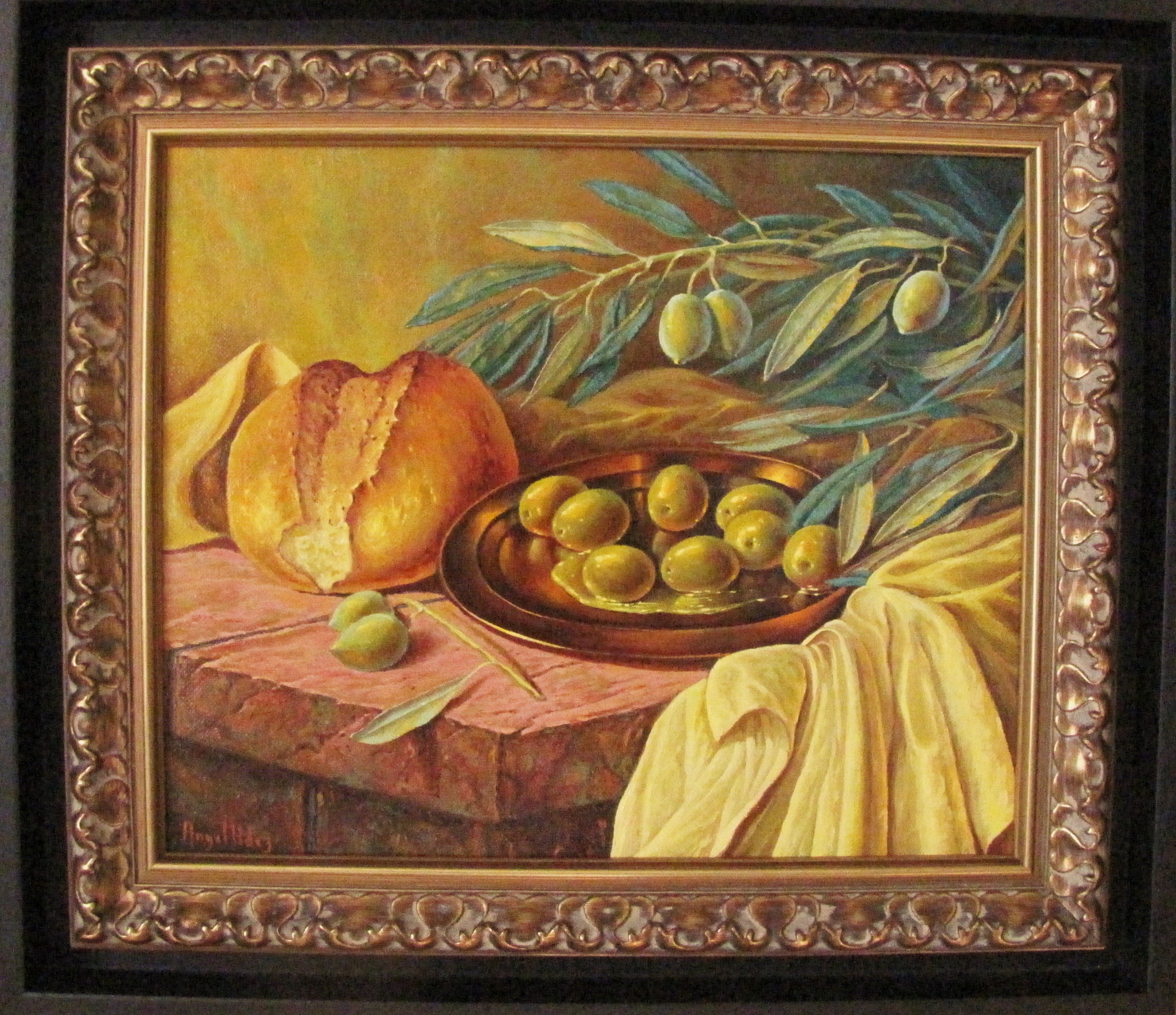 STILL LIFE WITH OLIVES, BREAD AND OLIVE BRANCHES