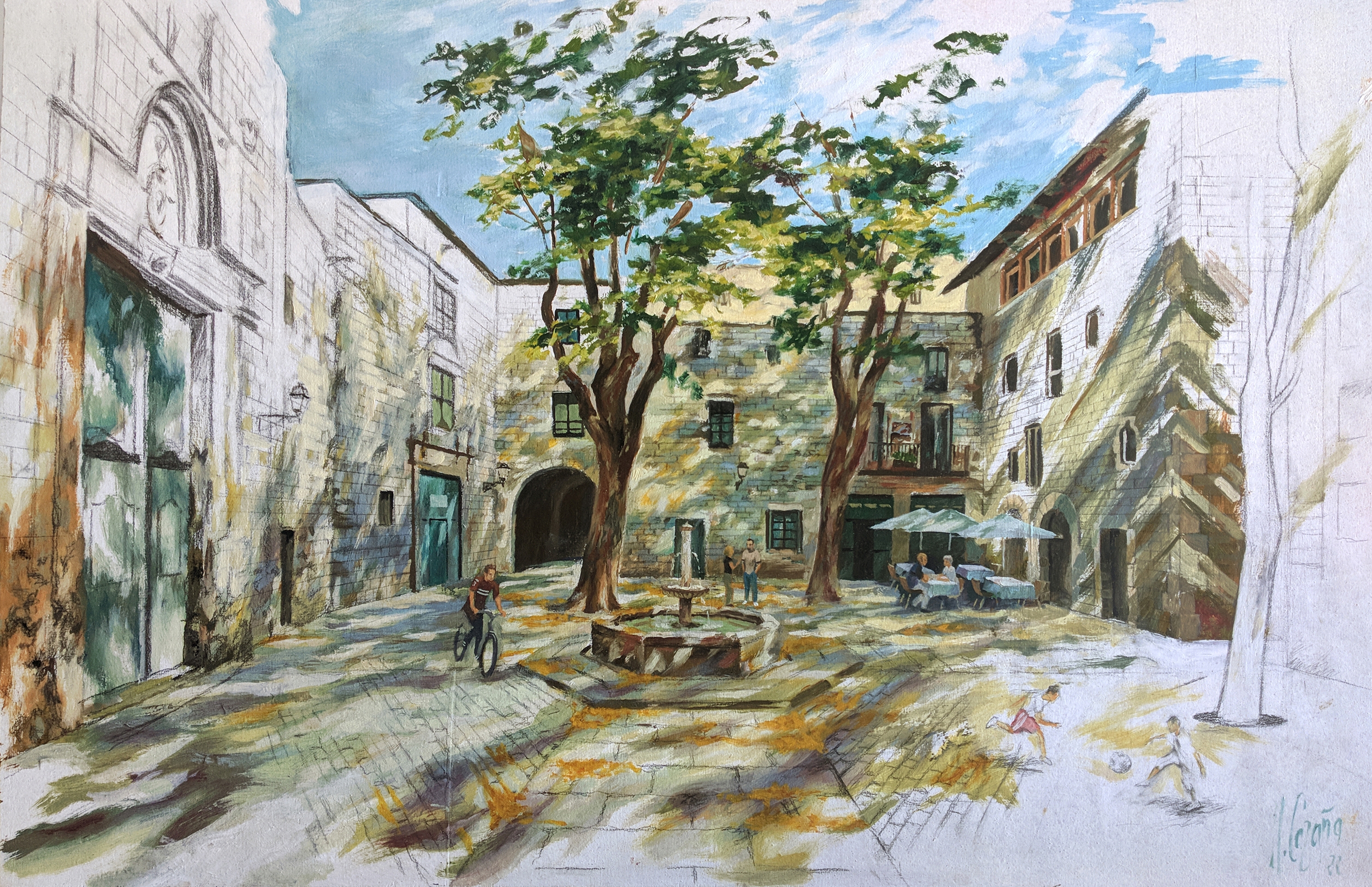 City paintings. Pictures for living room. Sant Felip Neri square in Barcelona in impressionist style