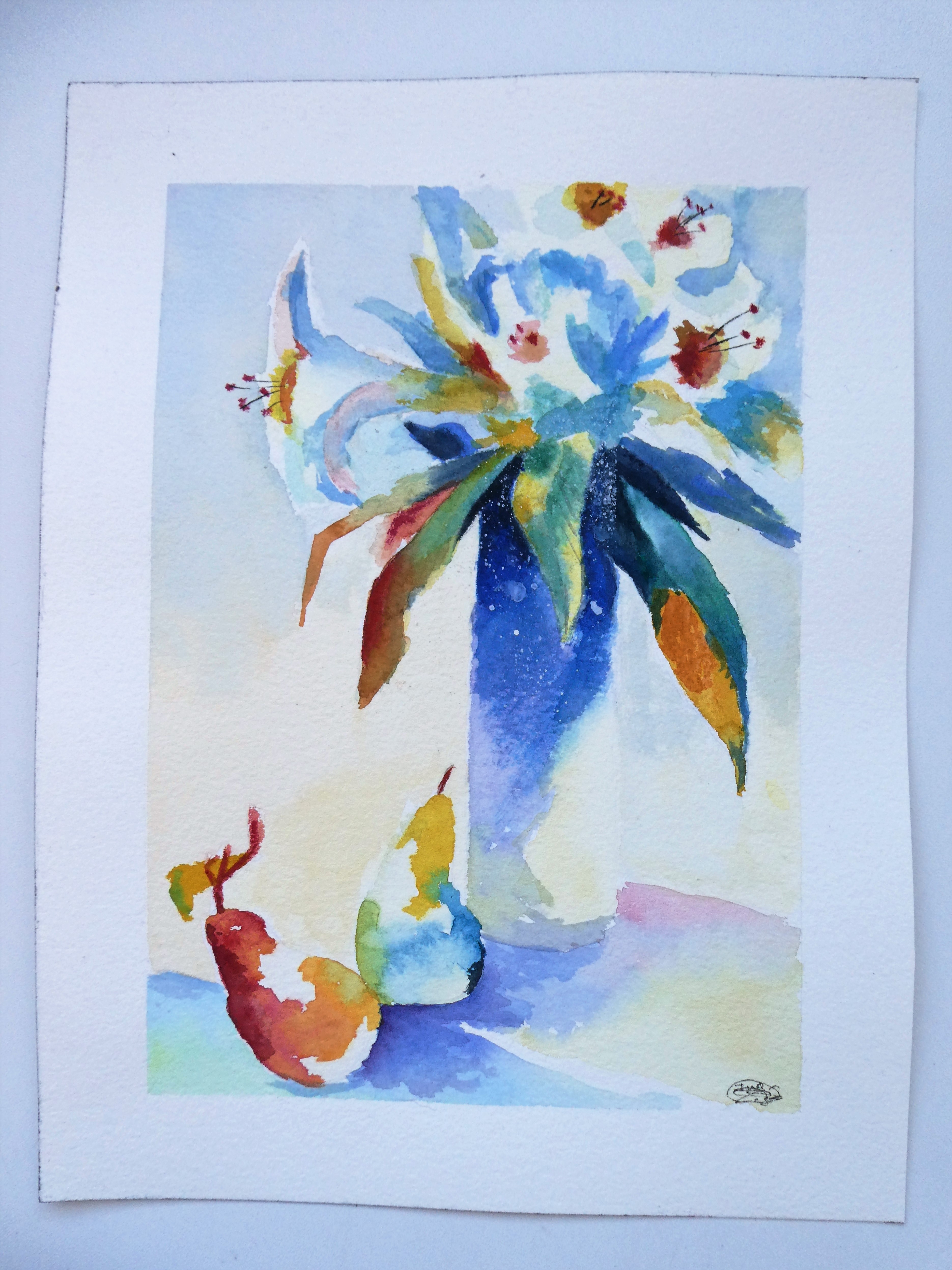 Still life flowers with pears in watercolor