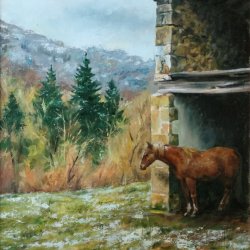 Oil horse paintings. Baraibar, Navarre landscape in oil