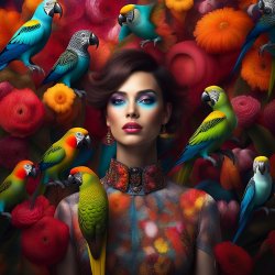 AI generative portrait of an adorable woman fantasy cartoon character on a vibrant paint background surrounded by birds