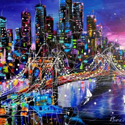 New York at night, cityscape with bridge