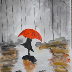 Mujer con paraguas rojo