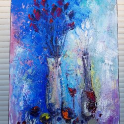 Pintura al Óleo sobre lienzo"Flores blancas en vino rojo"60x45cm,Arte abstracto,Lienzo calidad,decoración de pared para hogar