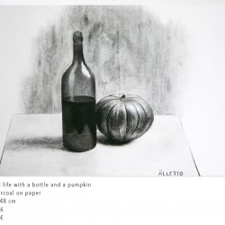 Still life with a bottle and a pumpkin