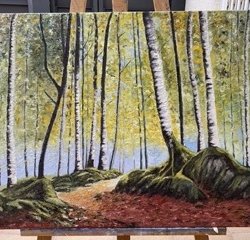 Autumn forest oil painting.