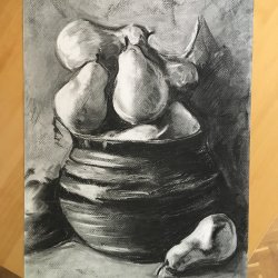 Still life. Jar with pears.