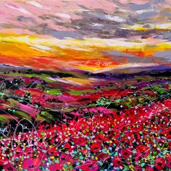 Sunset in poppies field - landscape whit poppies 116×89