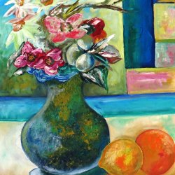 Vase still life with flowers and citrus