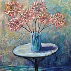 Dahlias in glass on the table