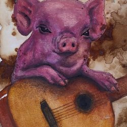 Musical pig with coffee and watercolors