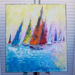 Pintura al Óleo sobre lienzo"Los barcos" 50x45cm ,Arte abstracto ,Lienzo de alta calidad.Espatula con pincel.