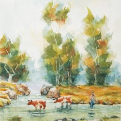 paisaje con animales cruzando rio