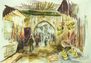 Watercolor of the medina of Fez. Pictures painted by hand