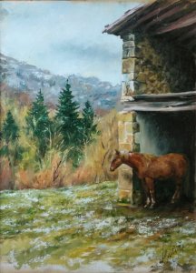 Oil paintings of horses. Baraibar, Navarrese landscape in oil