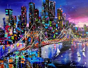 New York at night, cityscape with bridge