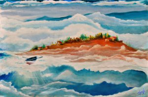 Barca automática Tesla por un mar de nubes rumbo al cielo de Ustica, Italy