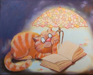 Cat and very interesting book. Oil painting. Cat and very interesting book. oil painting
