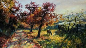 Sunset landscape with horses. Pictures for living room and bedroom
