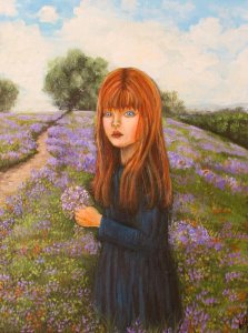 Little girl with bunch of flowers