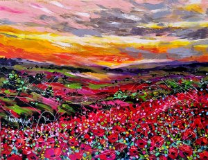 Sunset in poppies field - landscape whit poppies 116×89