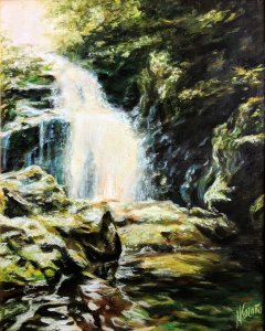 Baztan Valley of Navarra. Oil paintings of waterfalls