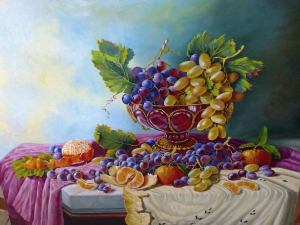 STILL LIFE WITH WHITE GRAPES, RED INK AND FOUNTAIN.