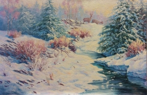 SNOWY LANDSCAPE WITH STREAM AND DEER