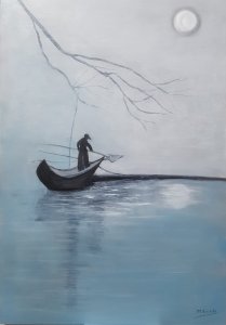 El pescador en el lago azul