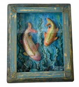 Rustic Painting High Relief Japanese Koi Patina