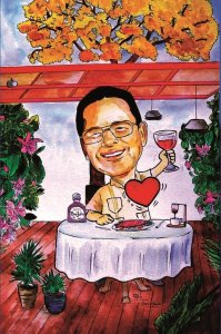 Caricatura de Señor Cenando en Acuarela y Tinta China
