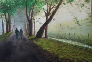 COUPLE WALKING WITH FOG (Oil on canvas- 73x50) .jpg