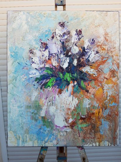 Cuadro al Óleo sobre lienzo"Rosas Blancas" 60x50cm ,Arte abstracto ,decoracion para casa.Lienzo de alta calidad,decoración para pared