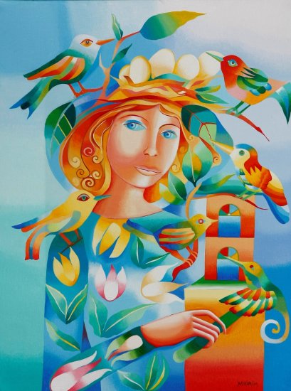 Mujer con pájaros