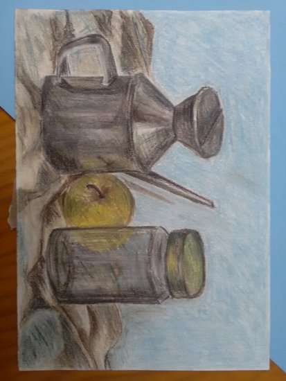 Still life jar, apple and oil