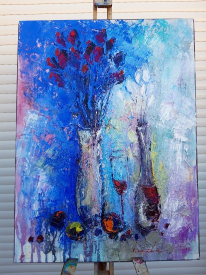 Oil Painting on Canvas "White Flowers in Red Wine" 60x45cm, Abstract Art, Quality Canvas, Home Wall Decor