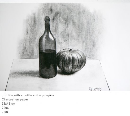 Still life with a bottle and a pumpkin