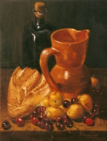 JUG OF MUD, BREAD AND FRUIT