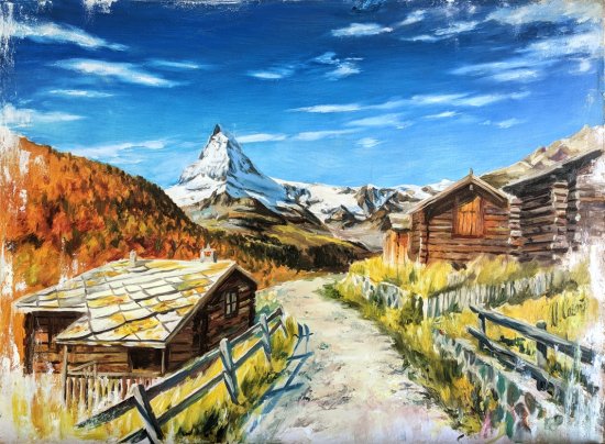 Matterhorn from Zermatt. Oil paintings of snowy landscapes
