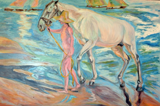Man and his horse in the sea