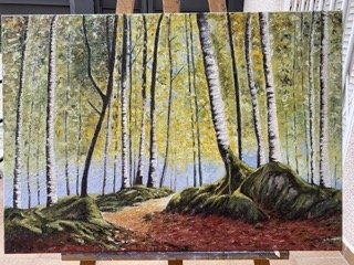 Autumn forest oil painting.