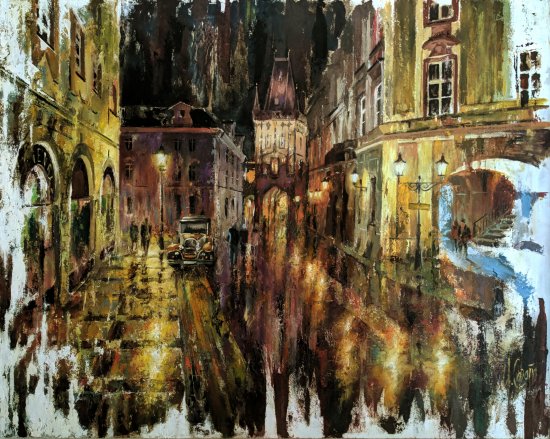 Prague painting - Cityscape - Paintings of cities at night