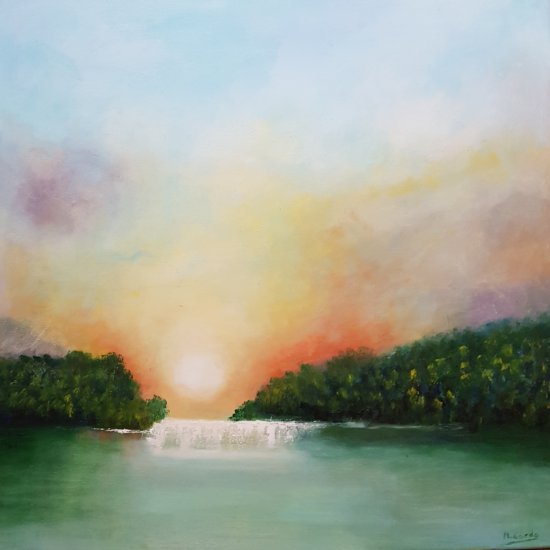 Puesta de sol cascada en el bosque 60x60 cm