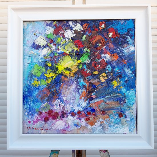Cuadro al oleo sobre lienzo "Flores" 40x40 cm/Arte abstracto,flores,cuadro con marco blanco,cuadro original del artista.