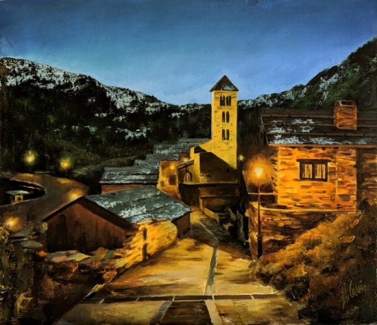 Pal, Andorra. Oil paintings of old houses. Original hand-painted paintings
