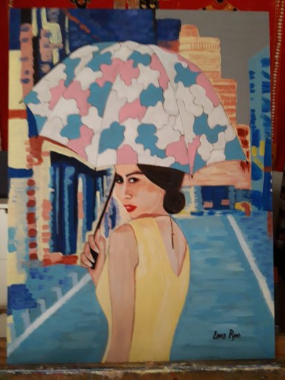 almacenamiento orden todo lo mejor mujer con paraguas, cuadro original, Acrílico sobre Tabla, comprar cuadros